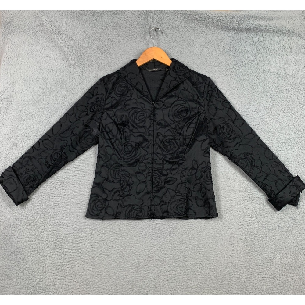 Samuel Dong Jacket Womens Medium Black Floral Textured Embroidered Zip‎ Up Artsy